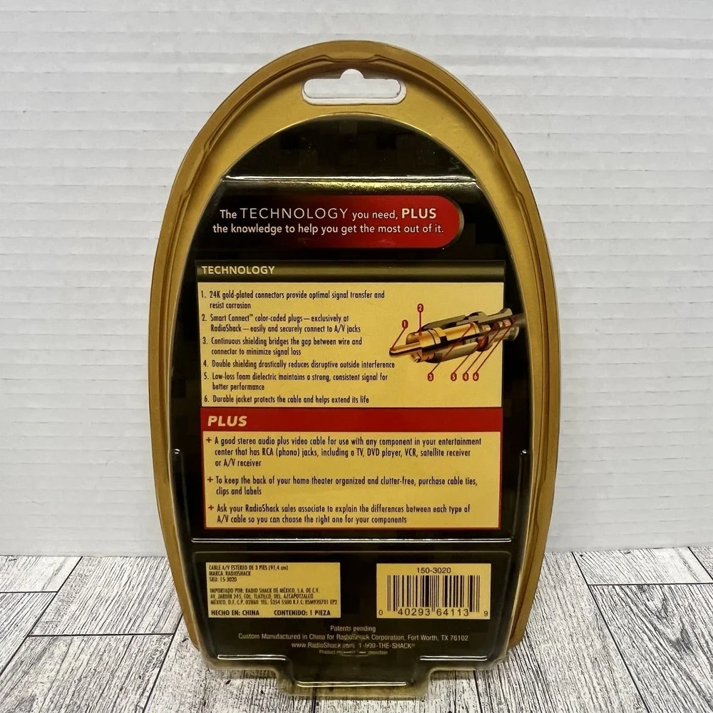RadioShack 3 FT Stereo A/V Cable 24K Gold Plated Connectors RCA NOS 15-3020
